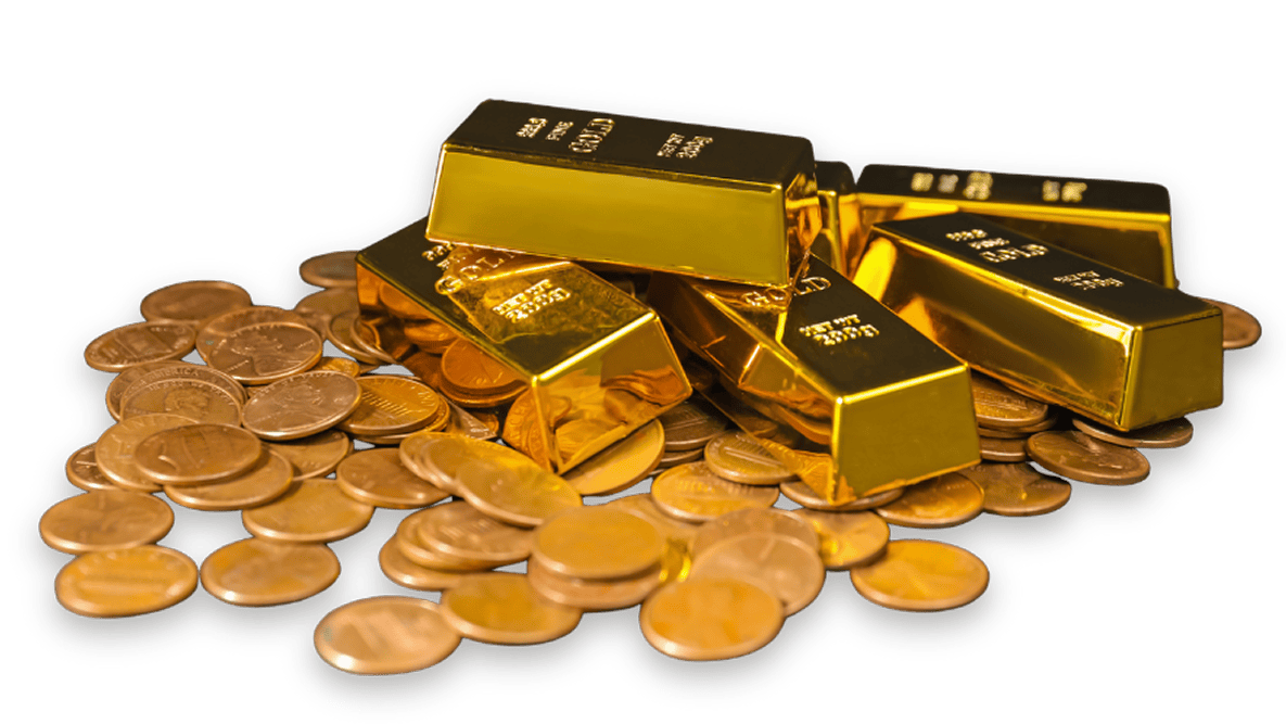 Goldbarren und Münzen auf einer Oberfläche, die verschiedene Größen und Formen von Goldmünzen zeigt.